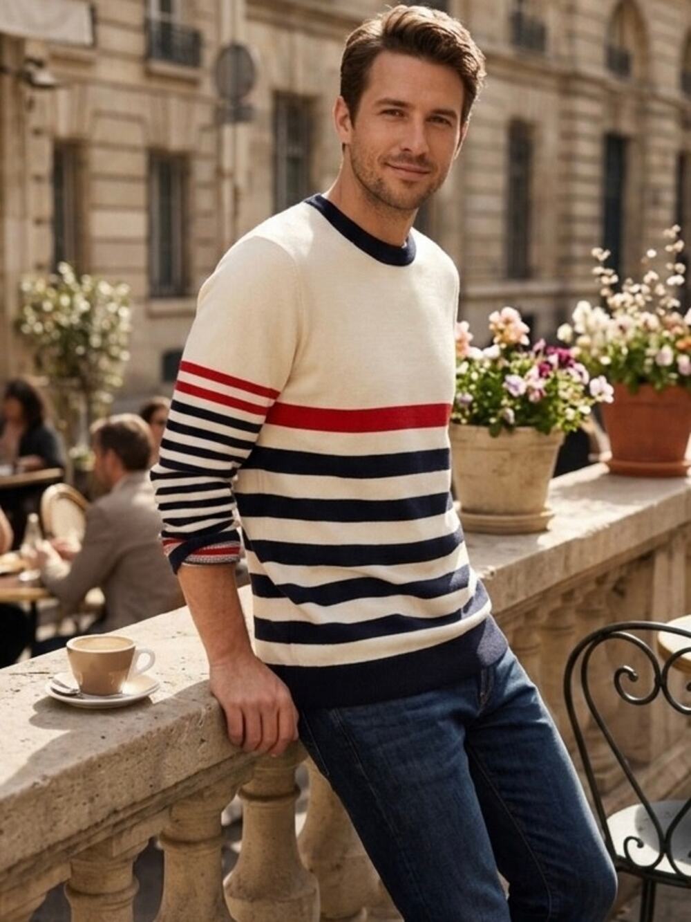 Maison Kitsuné SS17 Striped Wool Sweater Navy/Cream/Red Size L